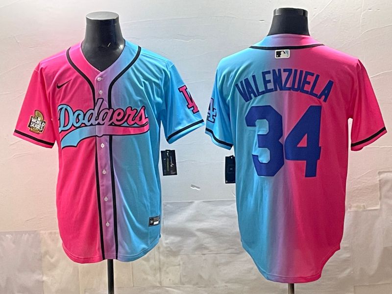 Men 2025 Los Angeles Dodgers #34 Valenzuela Blue pink Game Nike MLB Jersey style 06->new york yankees->MLB Jersey